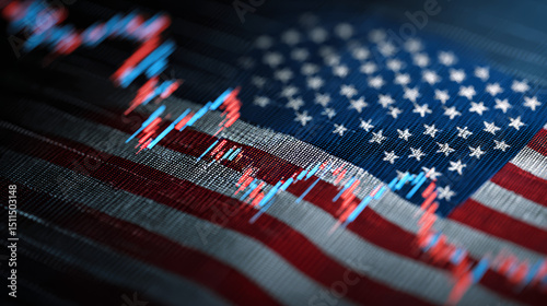 Financial trends on a digital representation of the American flag with upward and downward movements depicted