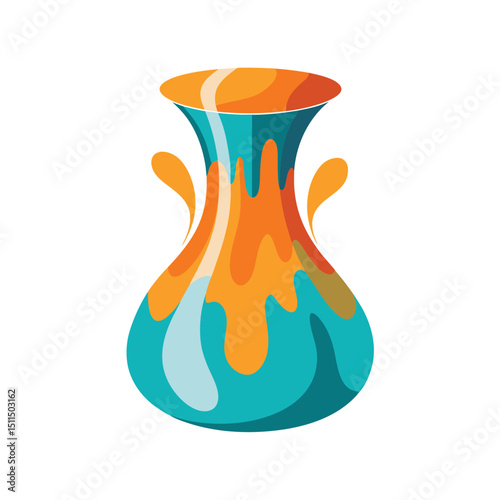 Colorful abstract ceramic vase with handles in teal orange and yellow colors