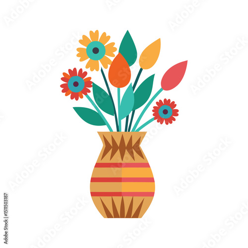 Colorful flat design bouquet of flowers in an earthen vase on a white background