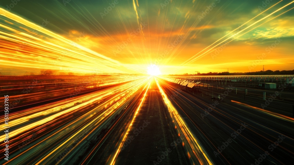 Obraz premium A time-lapse effect of the sun moving across a solar farm, showing energy production throughout the day.