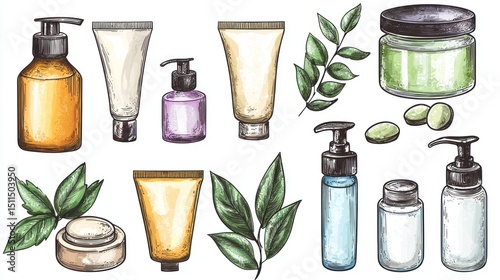 Hand-drawn skincare product symbols on a transparent background