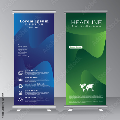Green and blue color roll up business brochure flyer banner design vertical template, cover presentation background, modern publication x-banner and flag-banner, Roll up banner stand