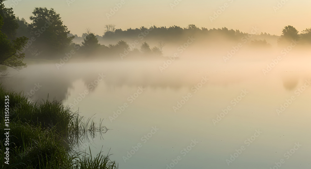 Fototapeta premium Early Morning Serenity Mist Rising Over the Calm Lake Landscape