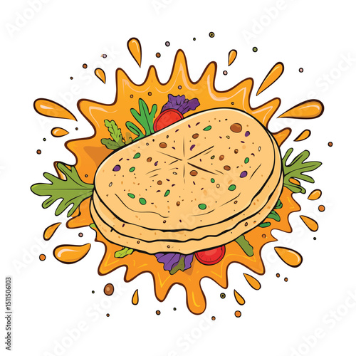Pita Bread splash Colorful Vector in Adorable Comic Style with Expressive Lines..