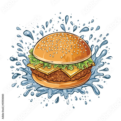 Hamburger Bun splash Colorful Vector in Adorable Comic Style with Expressive Lines..