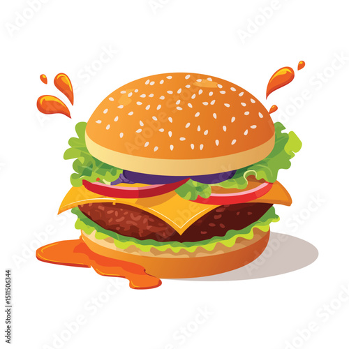 Hamburger with Sauce Splash creative isometric illustration with layered dimension and depth cues.