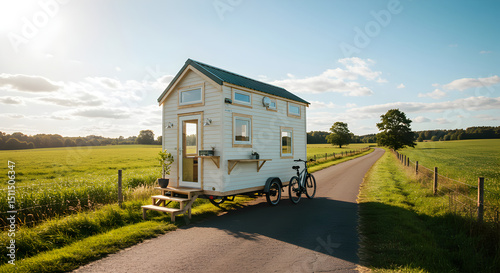 Idyllic Tiny House Adventure On Rural Road Surrounded By Lush Fields