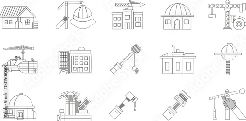 Set of hand-drawn vector sketch icons of houses, architectural drawings, and building project blueprints