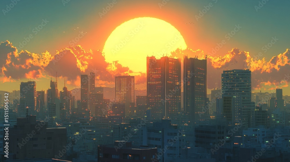 Fototapeta premium Stunning sunset over modern city skyline
