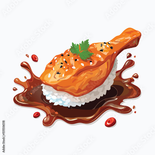 Chicken Teriyaki with Sauce Splash creative isometric illustration with layered dimension and depth cues.