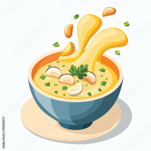 Clam Chowder with Sauce Splash creative isometric illustration with layered dimension and depth cues.