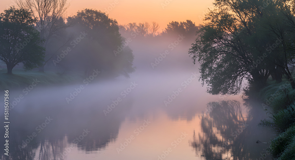 Naklejka premium Serene River Scene With Early Morning Mist And Tranquil Reflections