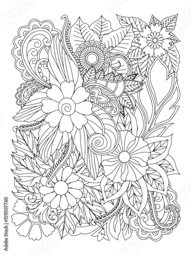 Flower pattern. Vector doodle flowers in black and white. Page adult coloring book. Coloring Flower Page.
