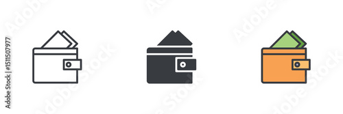 Wallet with money different style icon set