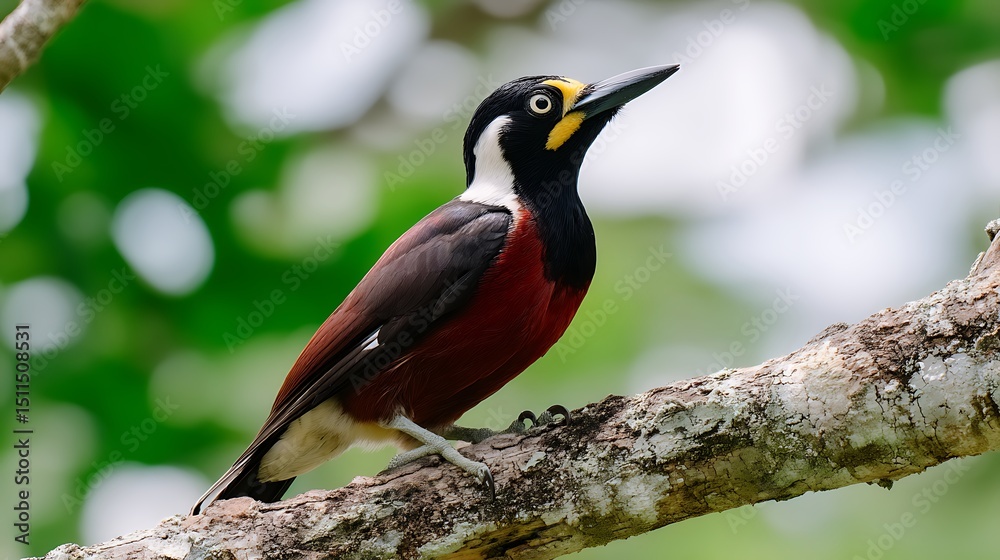 Naklejka premium Colorful bird perched on a tree branch in lush green environment