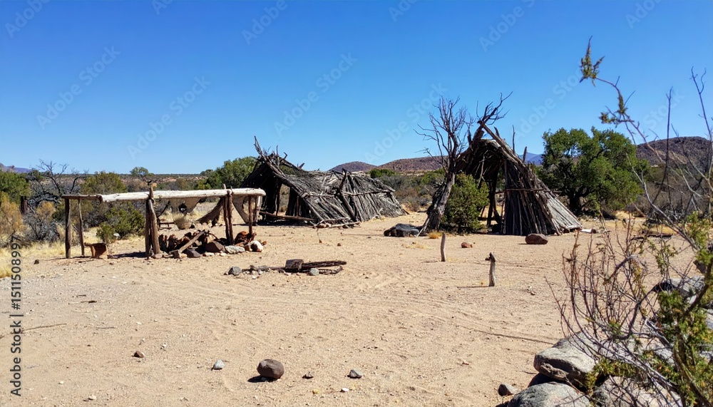 Naklejka premium Cursed Camp of Hunters and Gatherers in Arid Nature with Spirits
