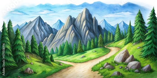 Watercolor Painting of Mountain Landscape with Path and Trees
