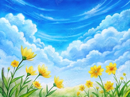 Watercolor Painting of Yellow Flowers and a Sunny Sky with Clouds