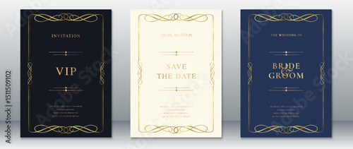 Elegant Gold Wedding Invitation Set with Swirl Border on Navy, Cream, and Midnight Backgrounds