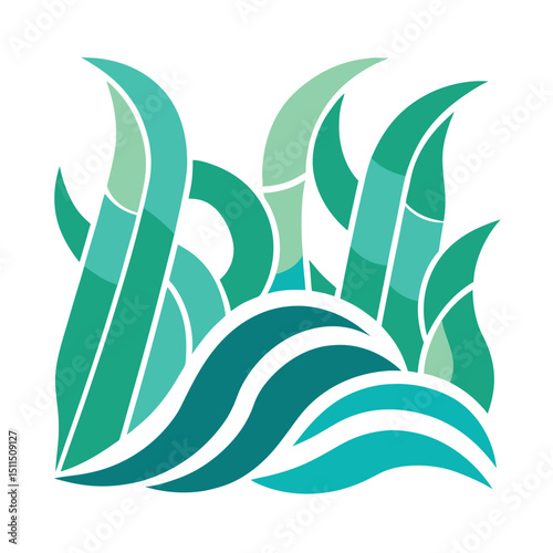 Abstract illustration of green plants and waves in an artistic flat design