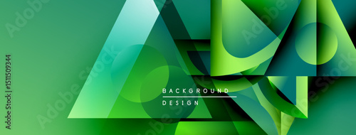 Abstract geometric shapes overlap, creating vibrant green gradient background. Modern design elements suggest innovation, technology.