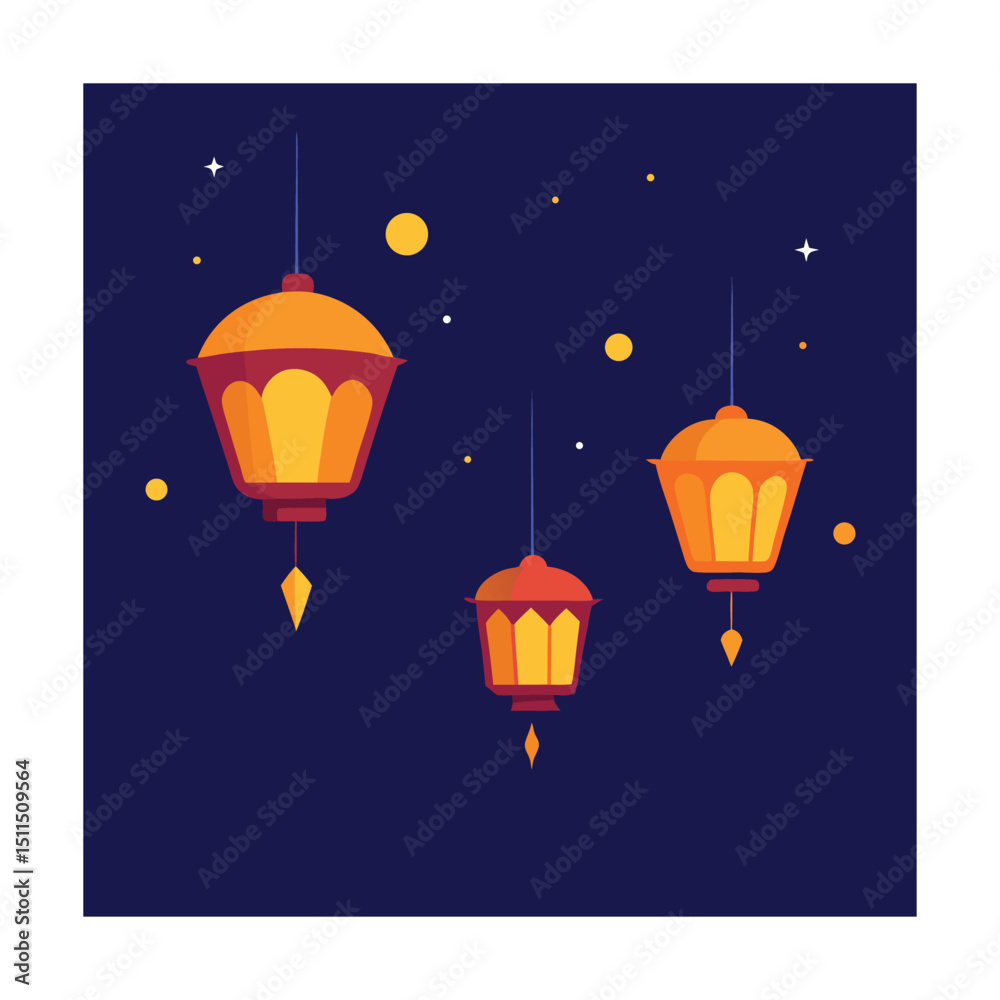 Festive hanging lanterns against a dark blue sky with stars and decorative elements Festive hanging lanterns against a dark blue sky with stars and decorative elements