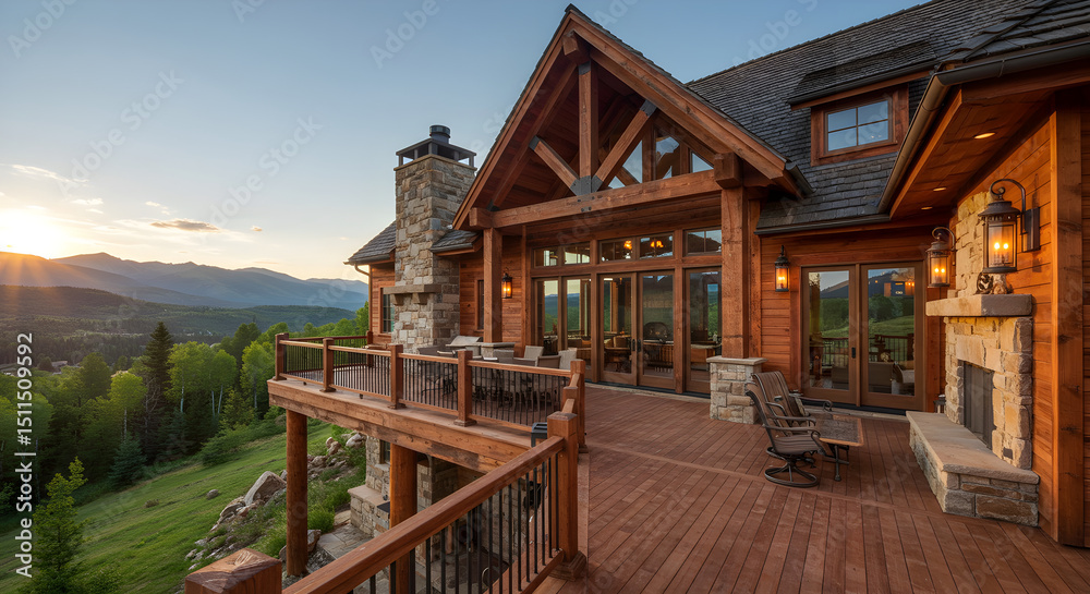 Obraz premium Elegant Mountain Home With Deck and Stunning Sunset Views Over The Forest