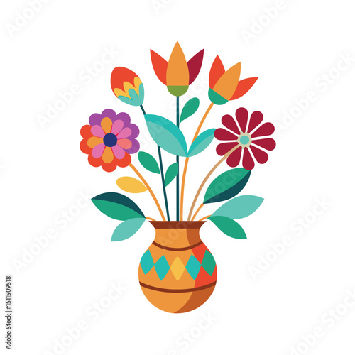 Colorful geometric floral arrangement in a vase on white background illustration
