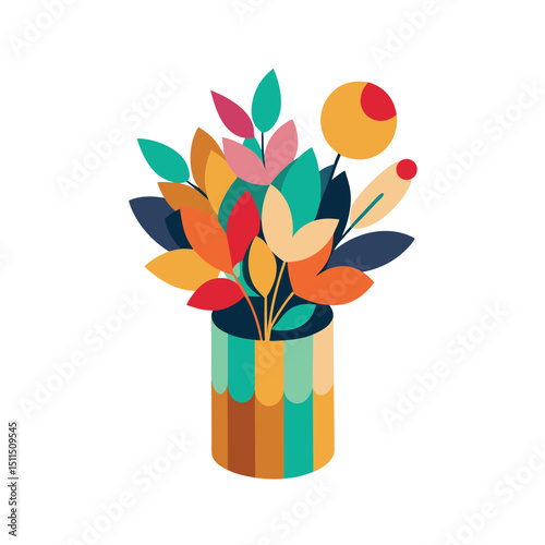 Colorful geometric illustration of a floral bouquet in a decorative vase on white background
