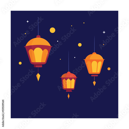 Festive hanging lanterns against a dark blue sky with stars and decorative elements