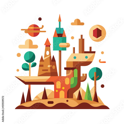 Colorful geometric illustration of a whimsical fantasy landscape with buildings and trees