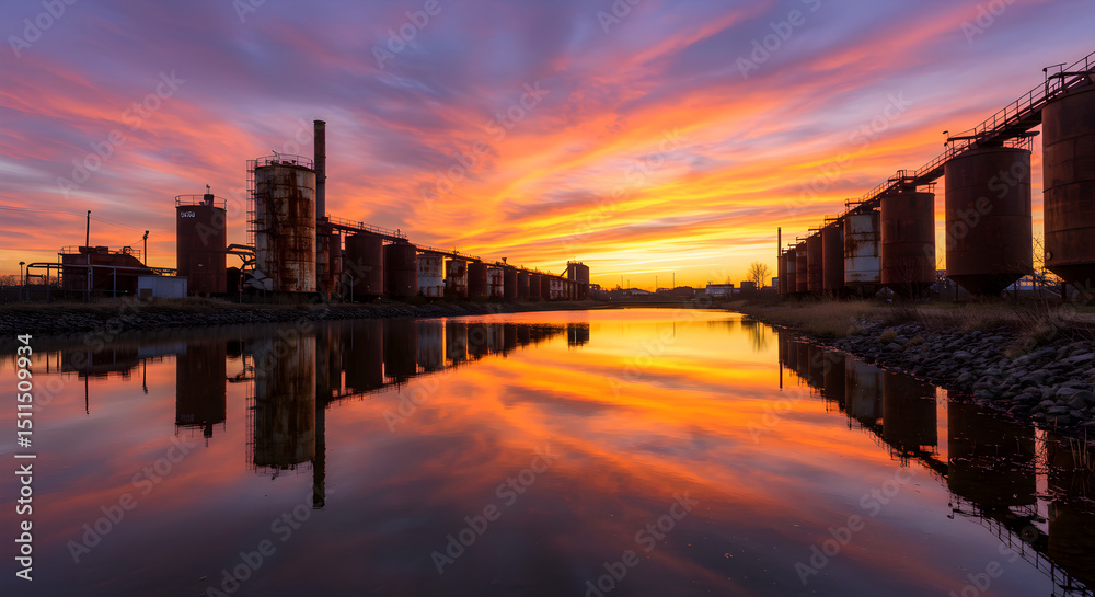 Fototapeta premium Industrial Twilight Reflections Dramatic Sunset Sky Over Refineries