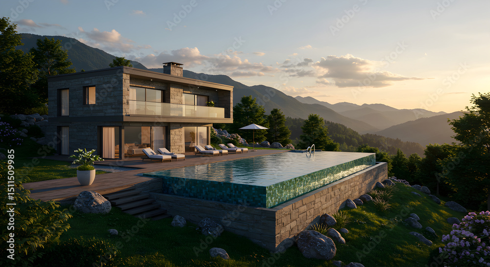 Fototapeta premium Luxury Villa With Infinity Pool Overlooking Beautiful Mountain View at Sunset