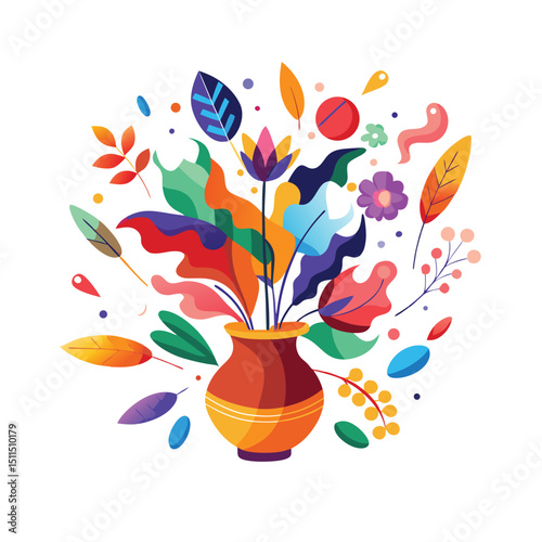 Colorful floral arrangement in a ceramic vase with vivid leaf and flower elements