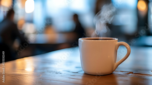 Steaming cup of coffee on an office desk with blurred coworkers in discussion