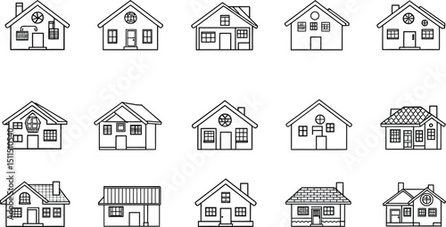 Collection of house, home, and building vector icons representing real estate architecture, urban design, and construction elements