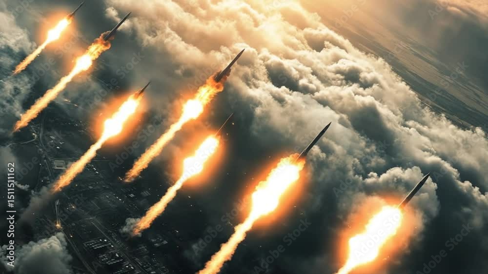 Multiple Rockets Launched from Ground Ascending Through Cloudy Sky Scenery