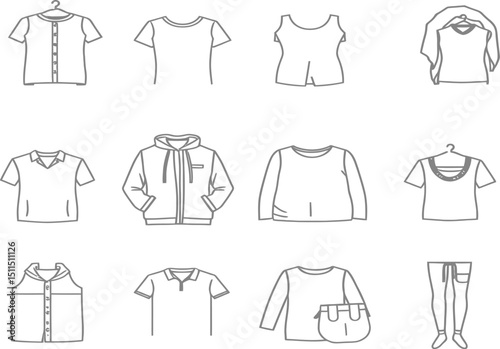 Vector illustration set of men's and women's fashion clothing designs including shirts, t-shirts, dresses, jackets, and pants