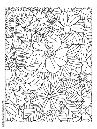 Flower pattern. Vector doodle flowers in black and white. Page adult coloring book. Coloring Flower Page.
