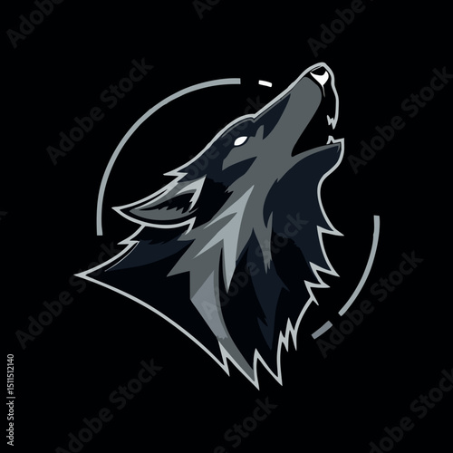 A bold, vector-style illustration of a howling wolf head facing upwards. Designed in monochrome shades of gray and black, with sharp, clean lines and soundwave elements to emphasize the howl, set on a