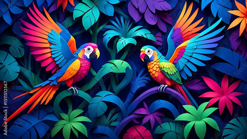 Fototapeta premium Two Colorful Paper Cut Parrots in a Tropical Jungle Setting