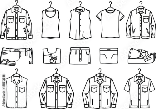 Vector illustration set of diverse fashion apparel including shirts, jackets, pants, and dresses