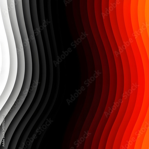 Dynamic Abstract Wave Design with Vertical Stripes in White, Black, and Fiery Orange-Red Gradient