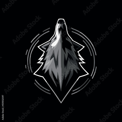 A bold, vector-style illustration of a howling wolf head facing upwards. Designed in monochrome shades of gray and black, with sharp, clean lines and soundwave elements to emphasize the howl, set on a