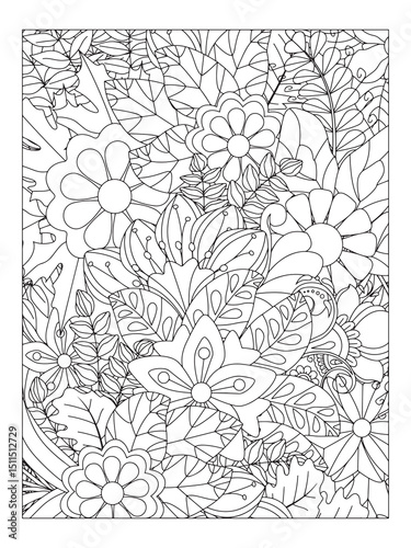 Flower pattern. Vector doodle flowers in black and white. Page adult coloring book. Coloring Flower Page.
