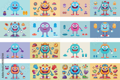 Playful Cartoon Monsters with Customizable Accessories and Expressions, Isolated Characters for Design Projects
