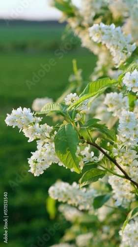 Tender delicate white lilac flowers are swaying in the wind, vertical composition. A flowering bush in a park. Copy space. Natural atmospheric background