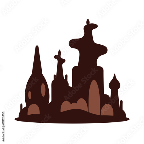 Artistic silhouette illustration of an imaginary cityscape with unique and stylized architectural structures