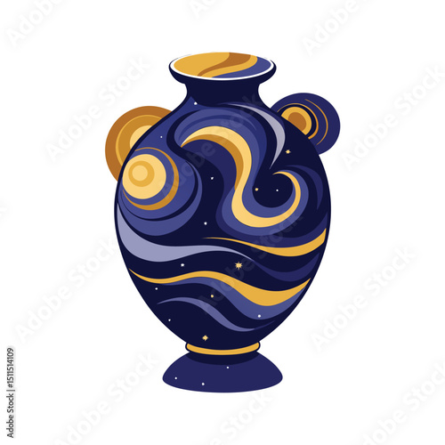 Decorative celestial vase illustration with swirls of blue and gold in a flat vector style