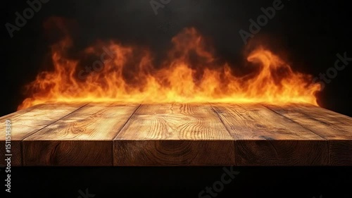 Intense fire flames dancing above a rustic wooden surface in a captivating display